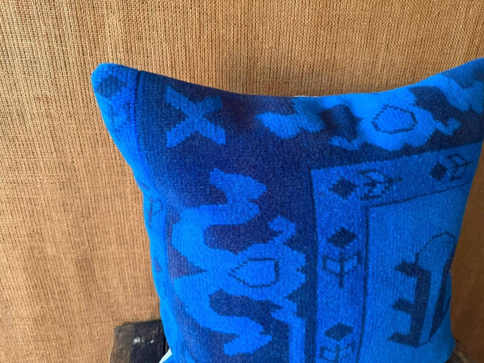 Vessel Motif Rug Cushion, Cobalt Navy Wool, Tribal Kilim Decor 20x20