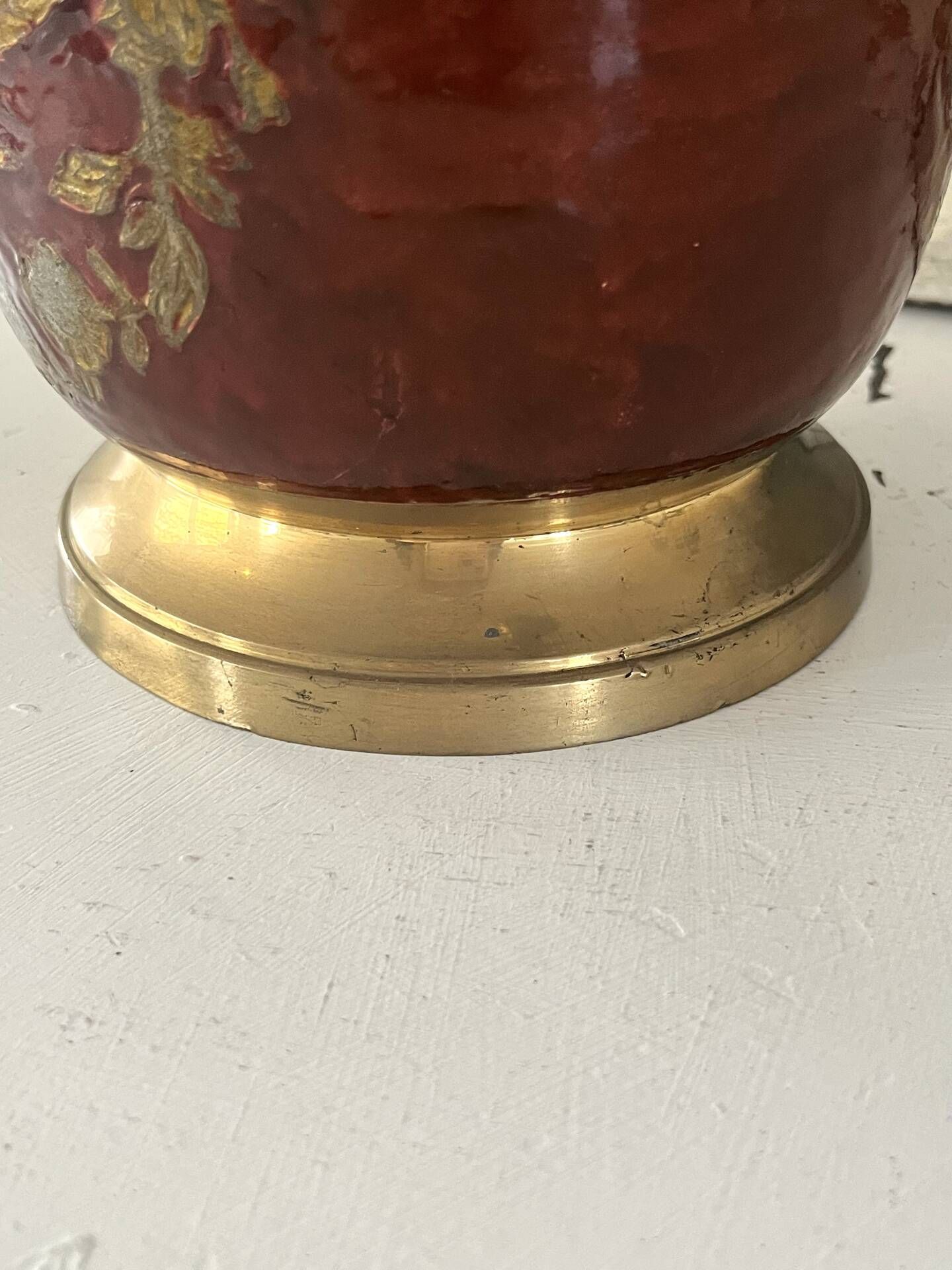 Ice Bucket, Enamel Red and Gold French Brass Champagne Cooler, Vintage