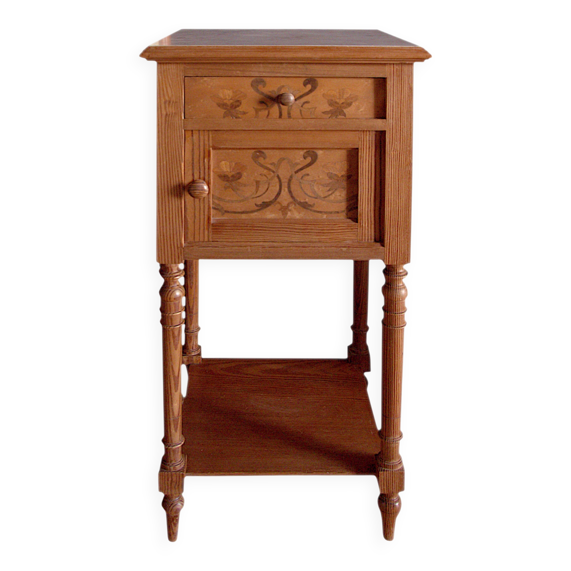 Nightstand in marked pine and marble, 37x81cm, 1940s, Art Deco, Gallé