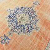 Tapis Bleu Orange 250x350 cm, Grand Tapis Vintage, Tapis Antique Turc.
