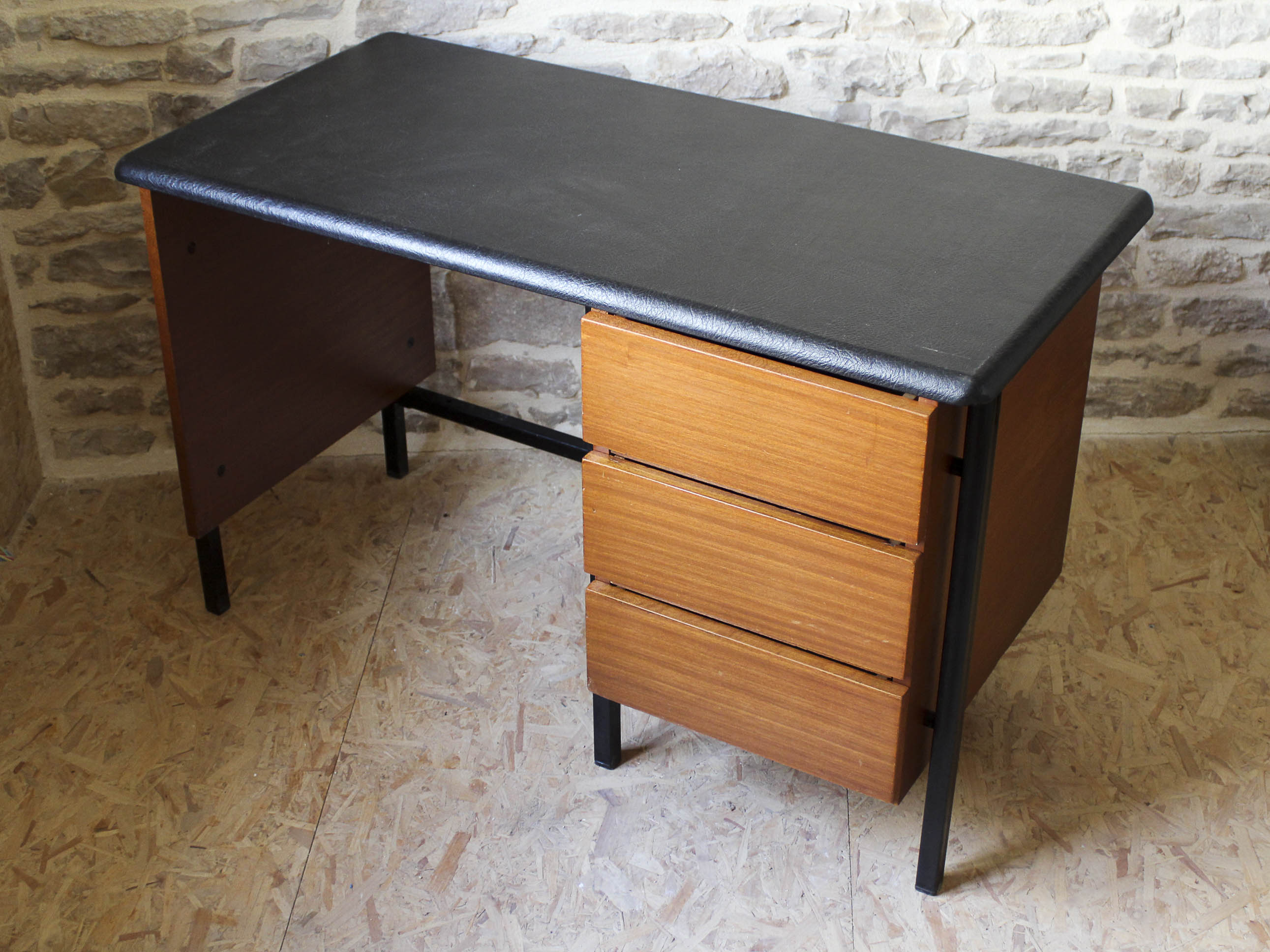 Desk 60s in metal wood and imitation leather
