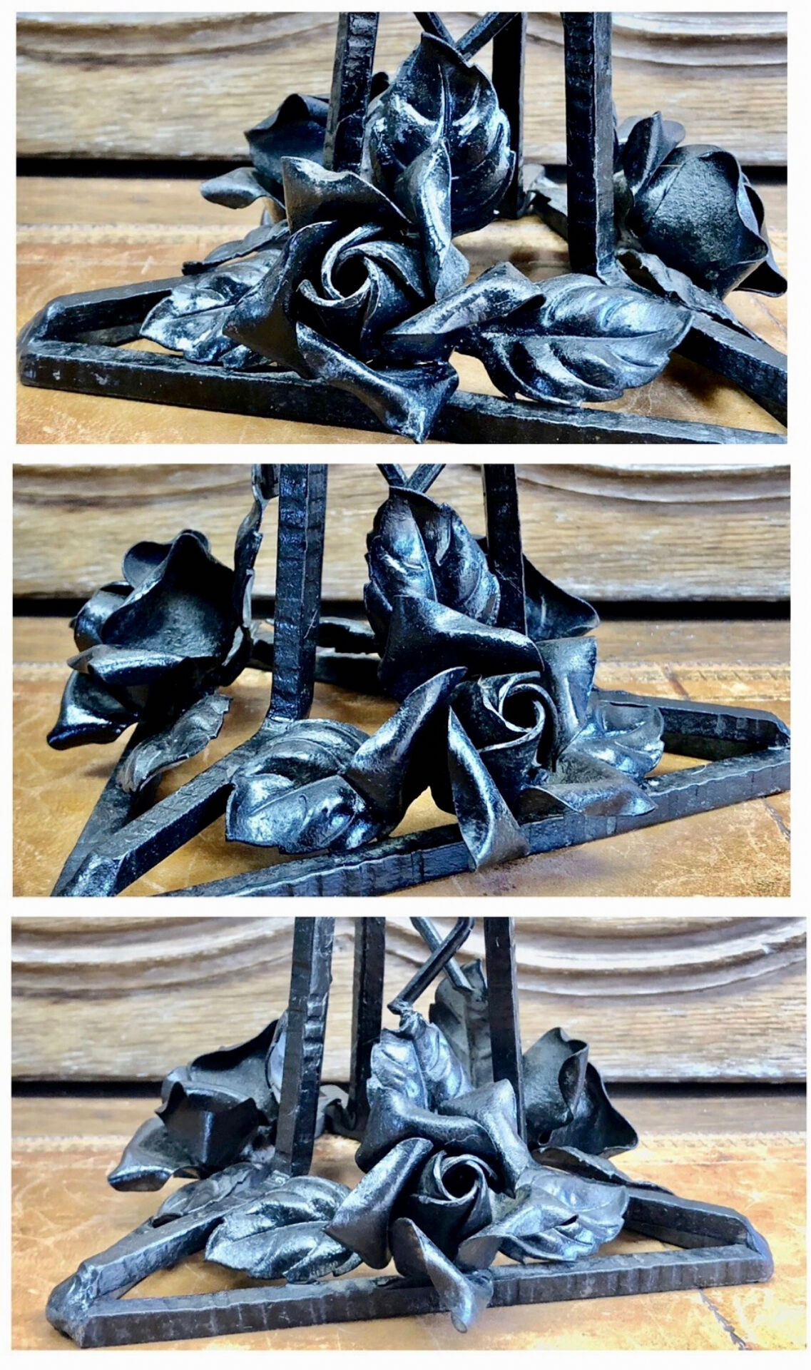 Art Deco wrought iron lamp with 3 rose glass daisies Ezan 1930