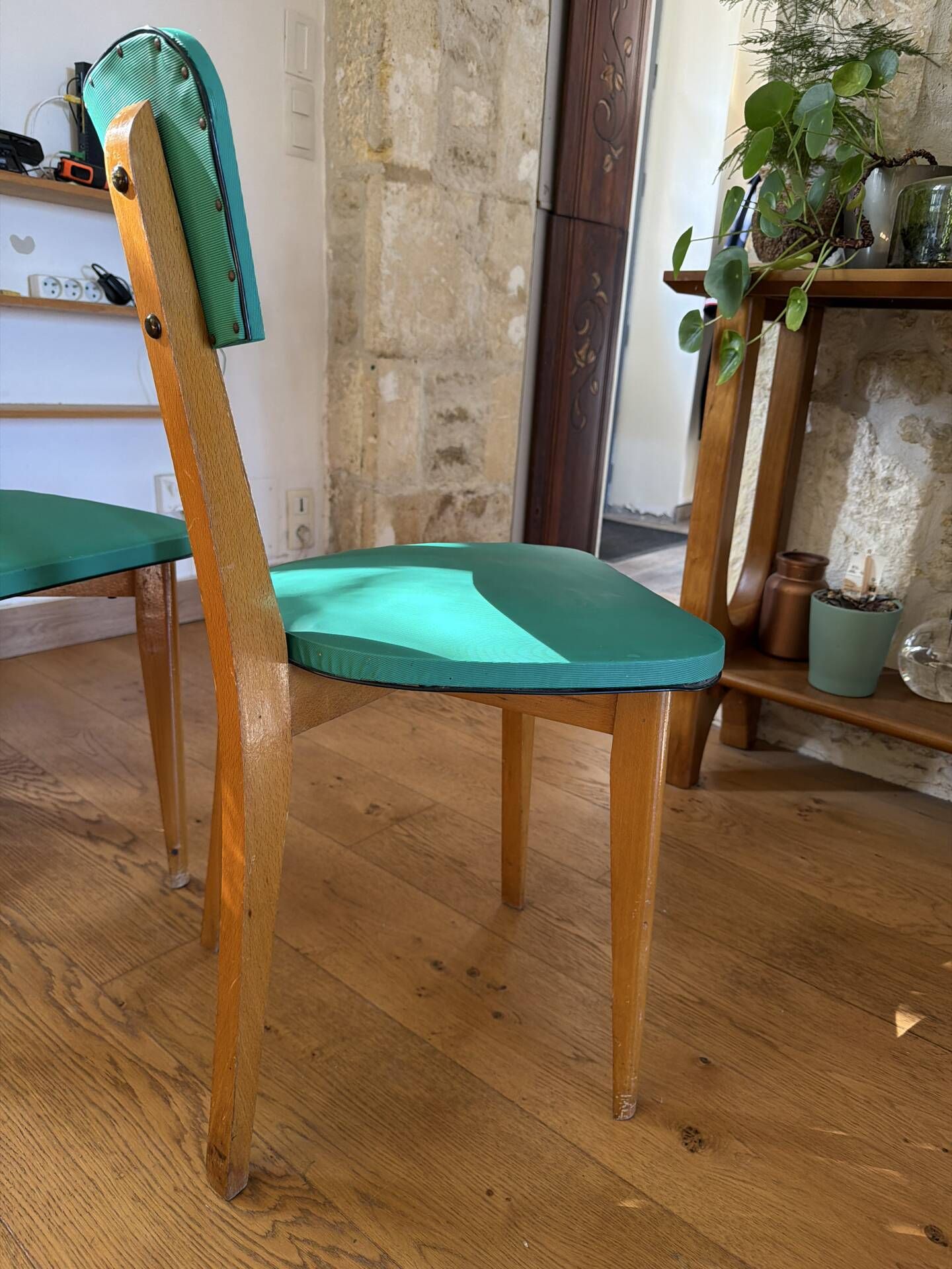 Set of 4 vintage chairs in blonde wood and turquoise faux leather – 1960s