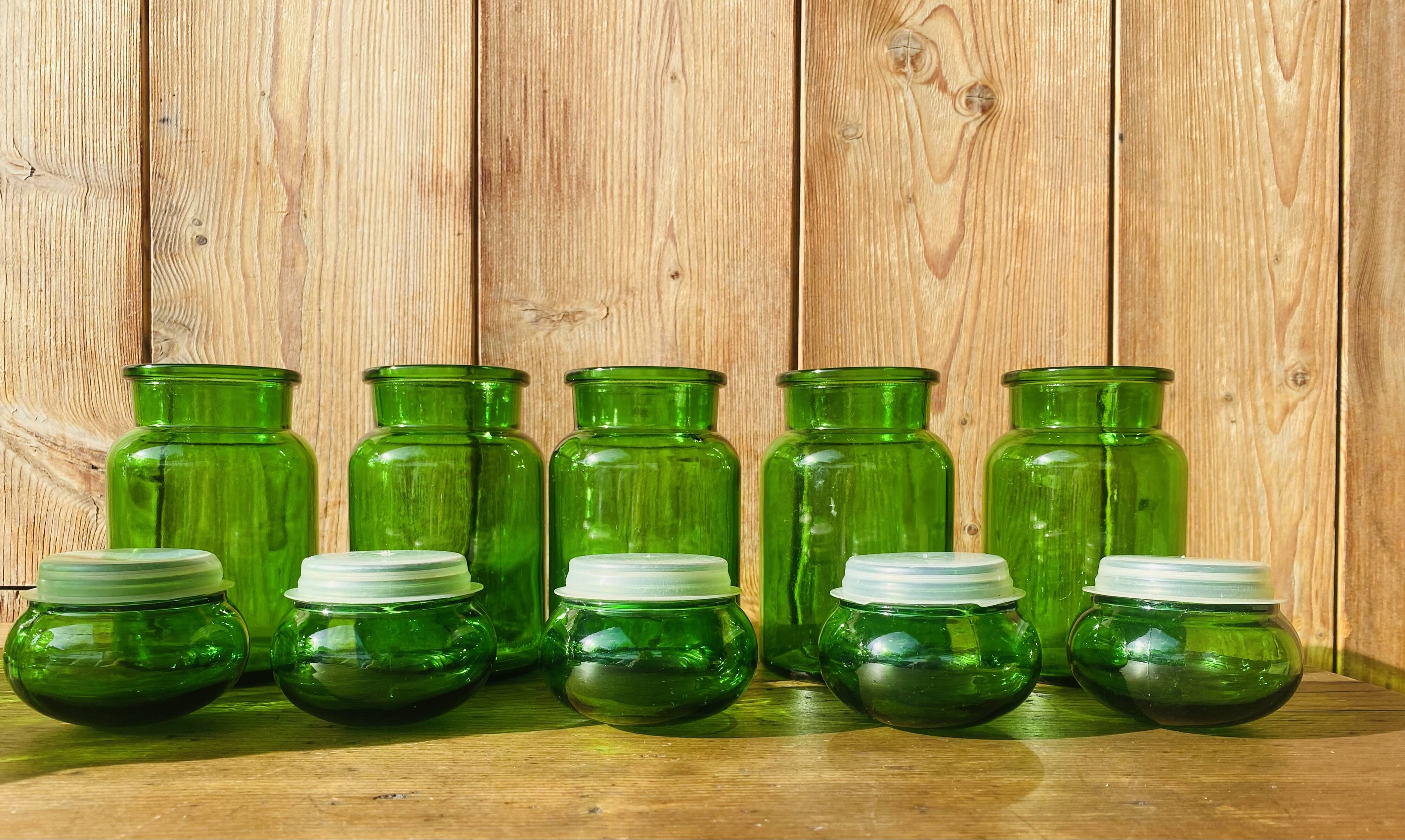 Set of 5 vintage green glass jars Made in Belgium
