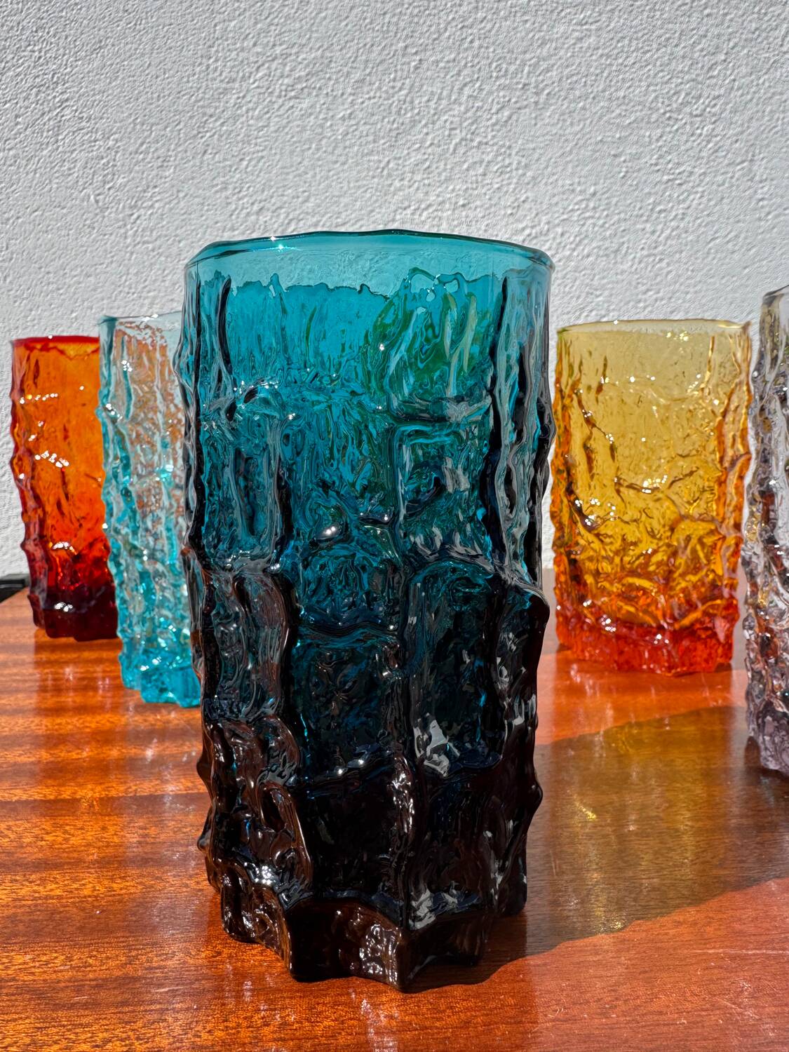Large multicoloured glasses by Geoffrey Baxter from the 1960s.