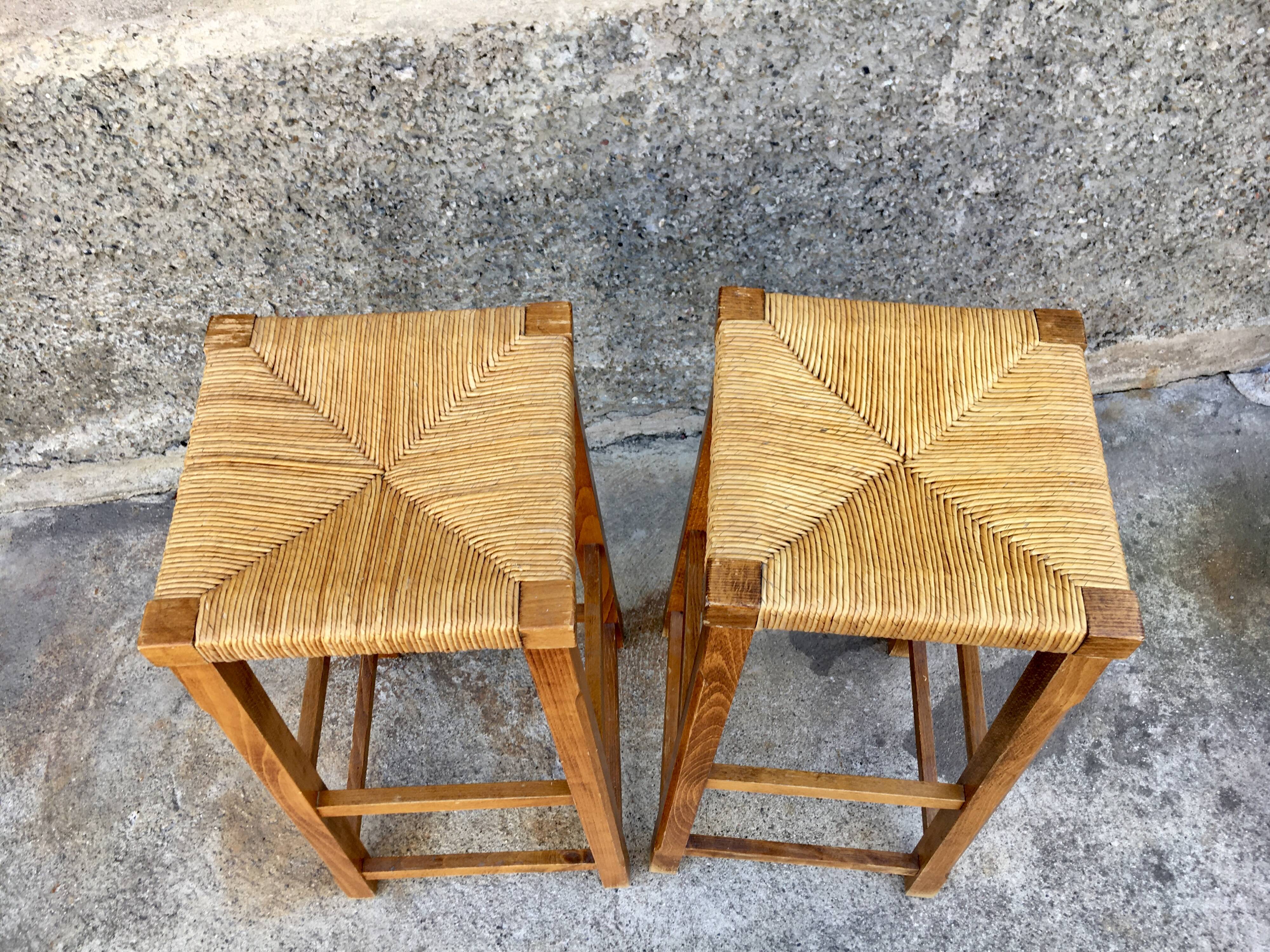 Pair of stools straw end of sofa solid wood 1950 decoration vintage furniture