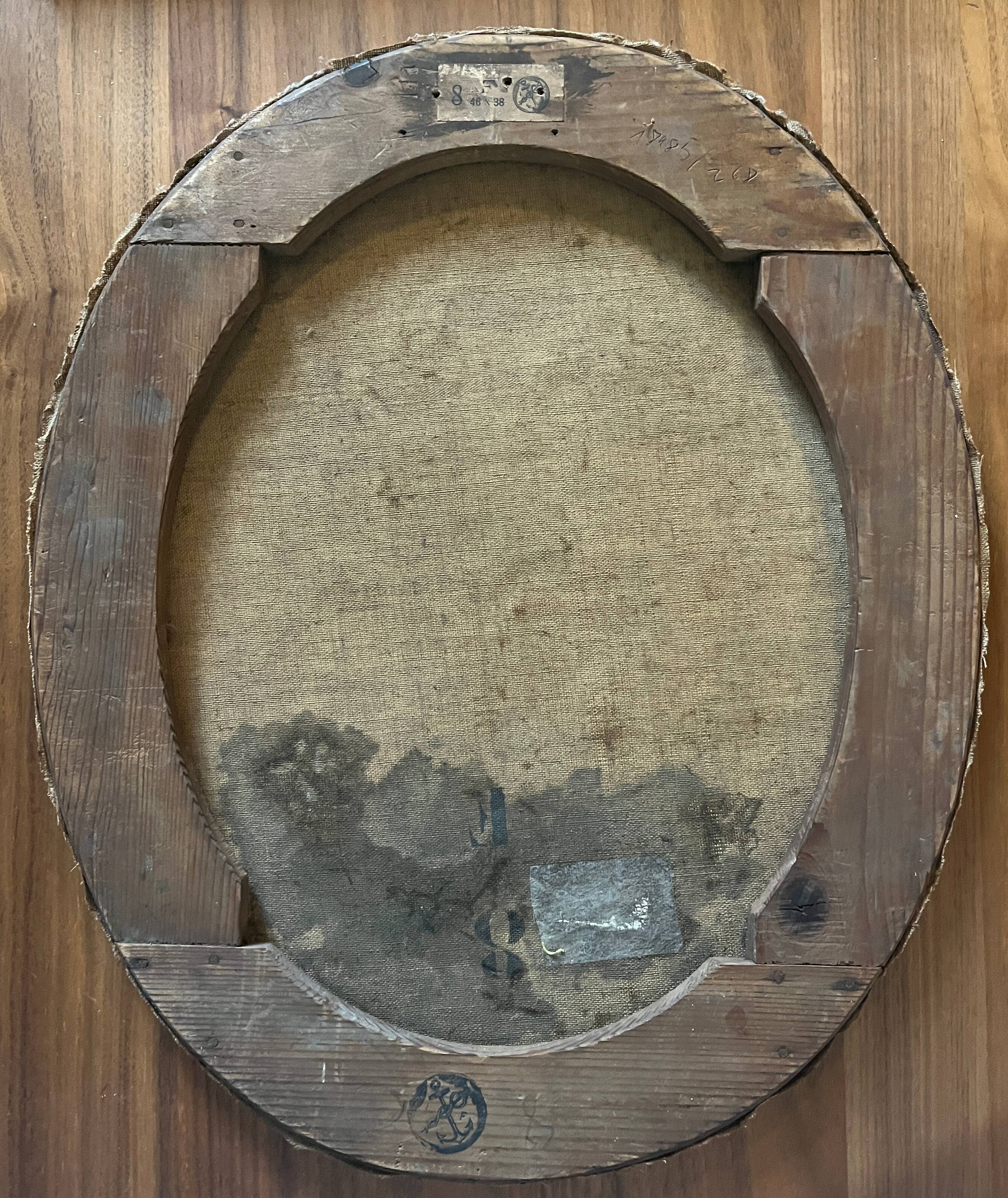 HST painting (oval frame) Iris flowers in a field 19th century