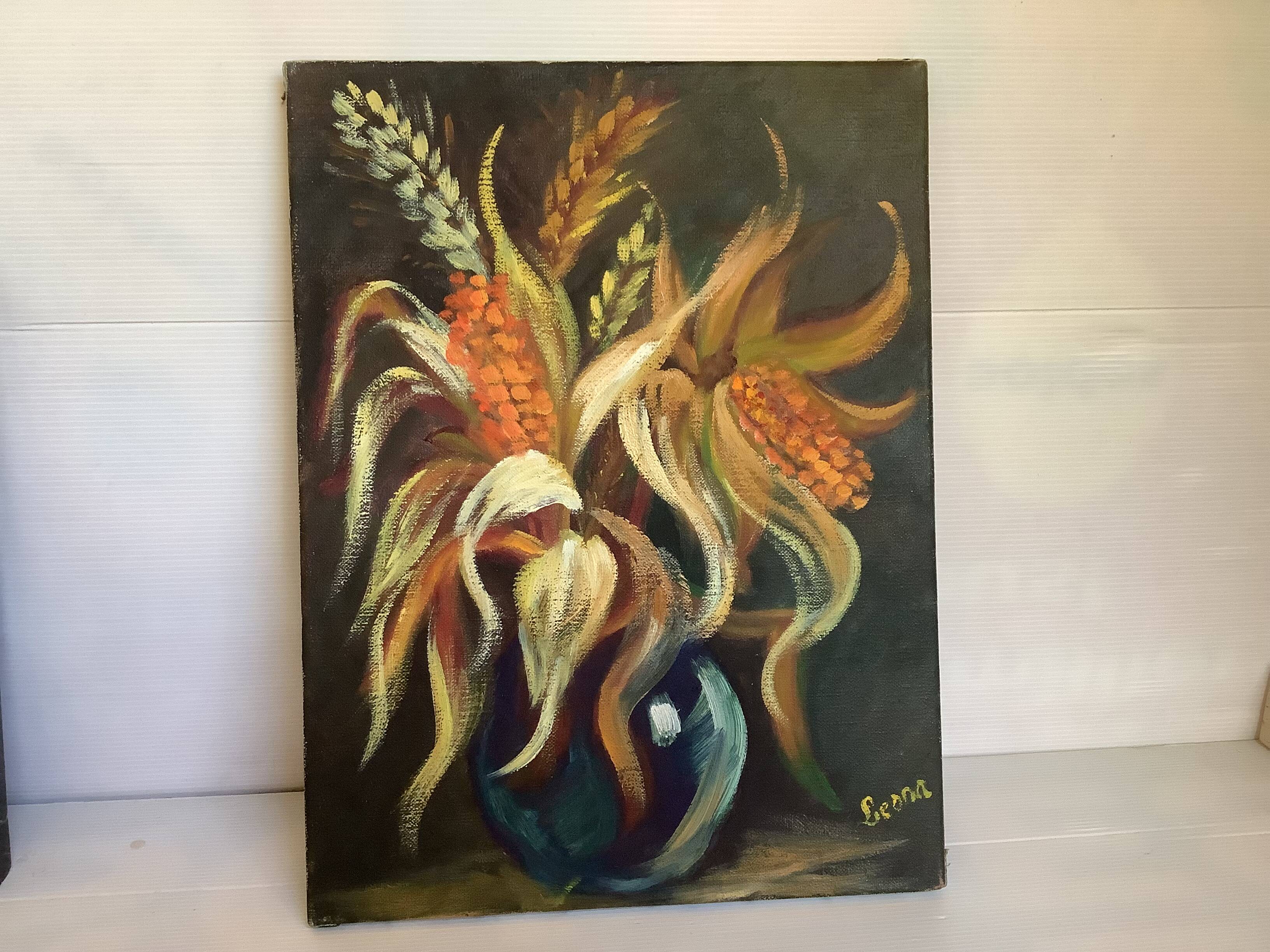 Still life bouquet painting oil on canvas signed