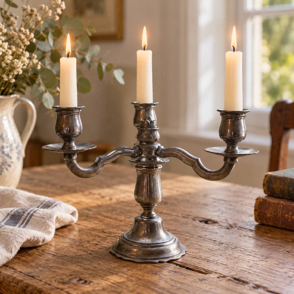 Vintage tin chandelier with 3 lights – Antique stamped candelabrum – H 20 cm