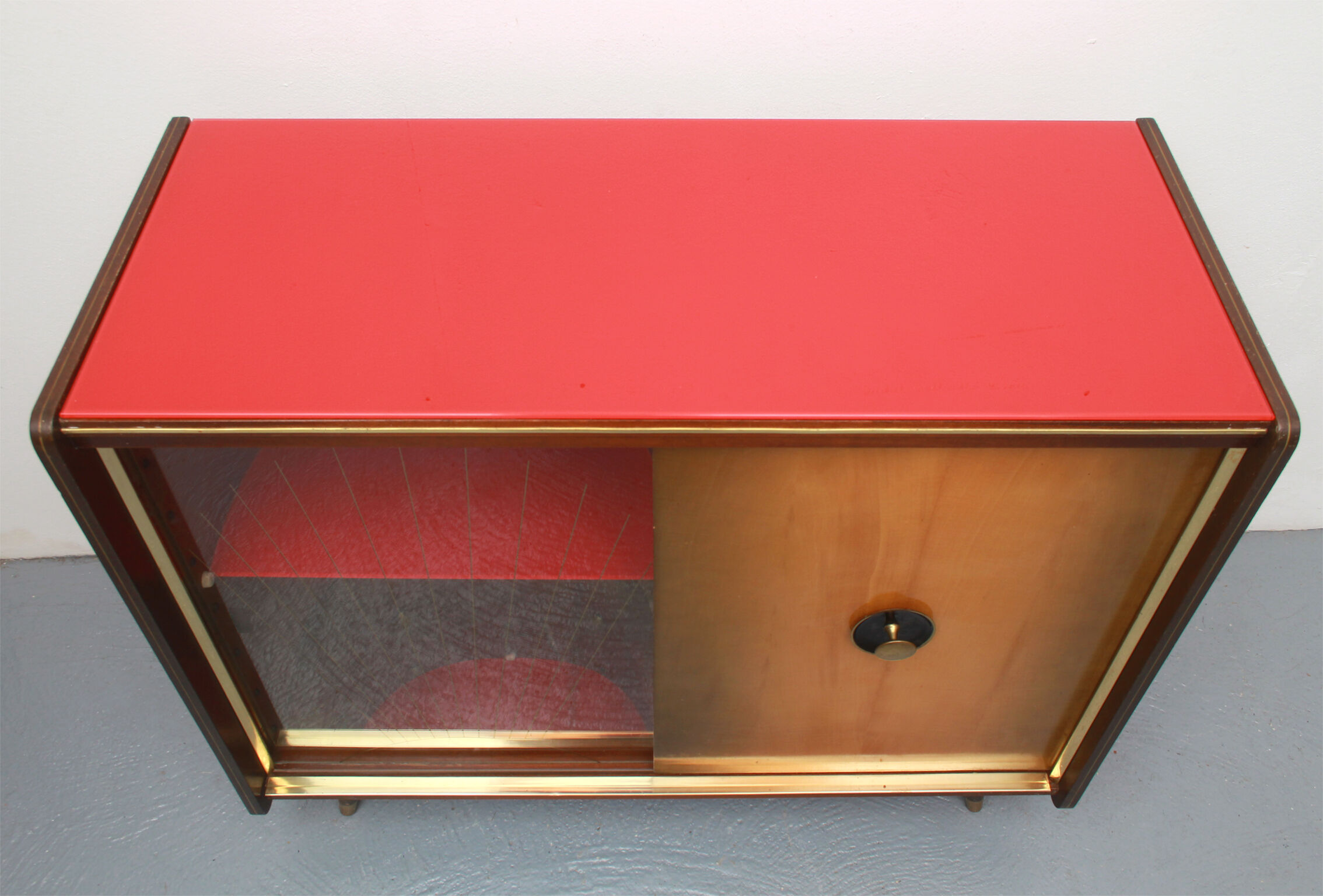 1950s bar cabinet in maple and glass