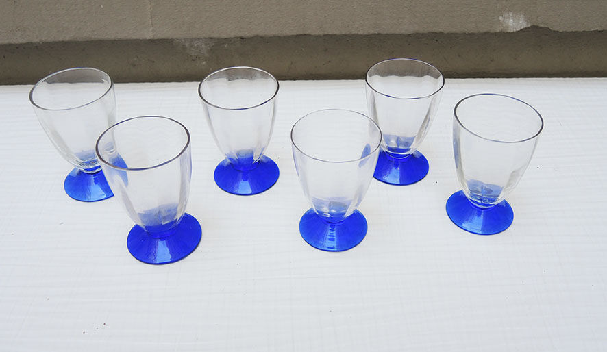 6 old conical glasses art deco transparent blue foot