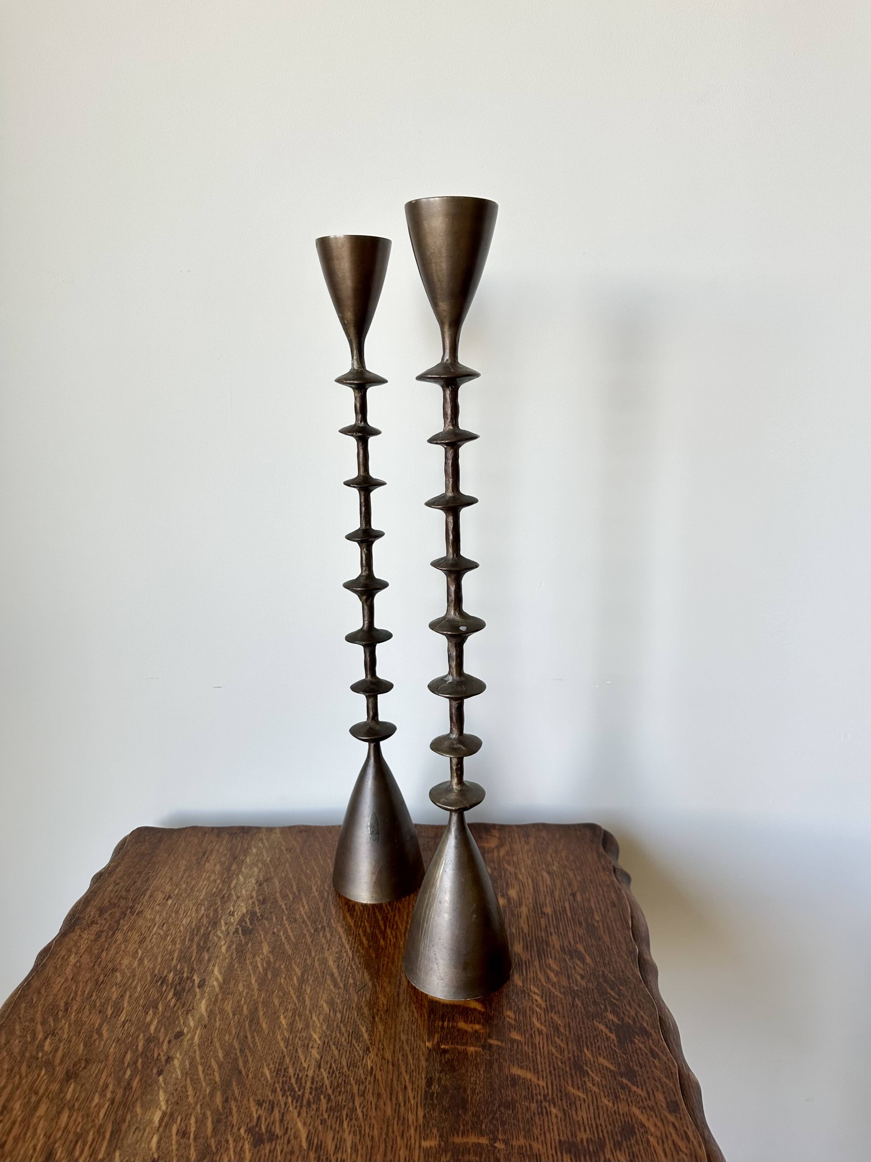 Vintage mid century brutalist hand forged brass candlesticks