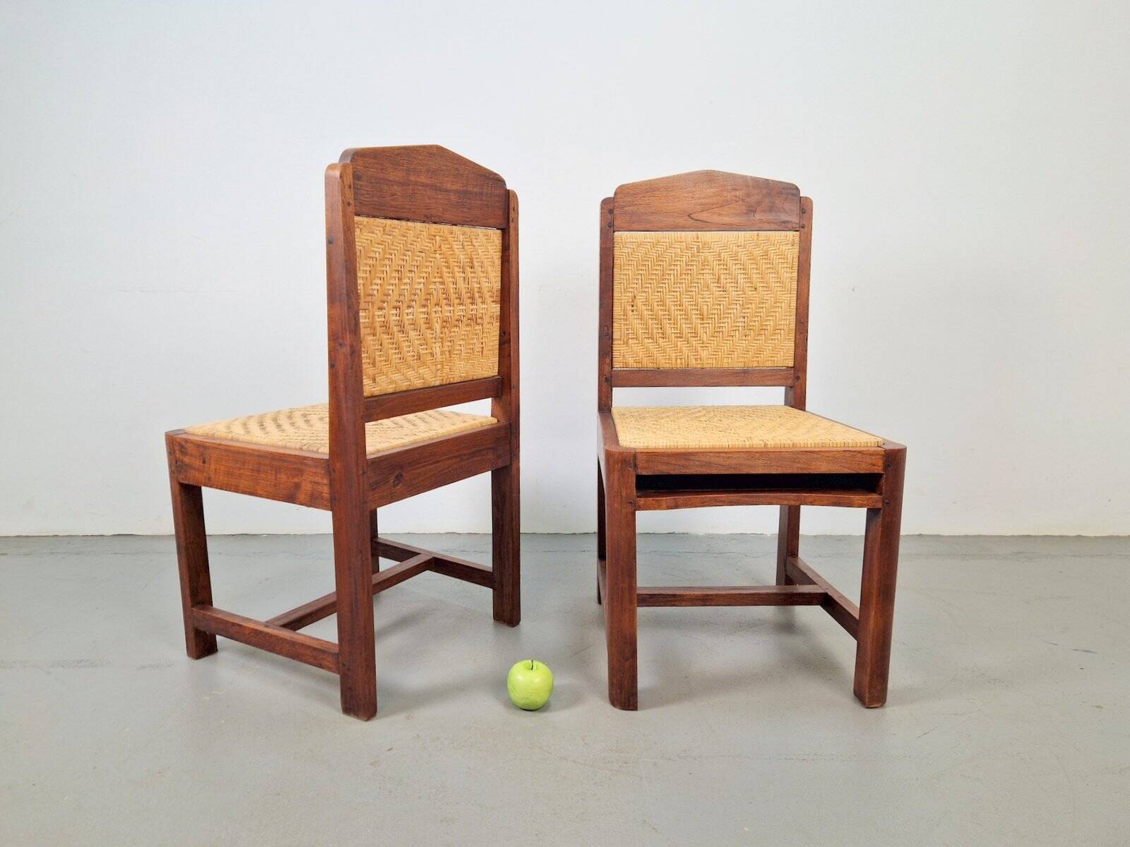 Dutch Art Deco Haagse School Oak and Rattan Webbing Chairs, 1930s, Set of 2