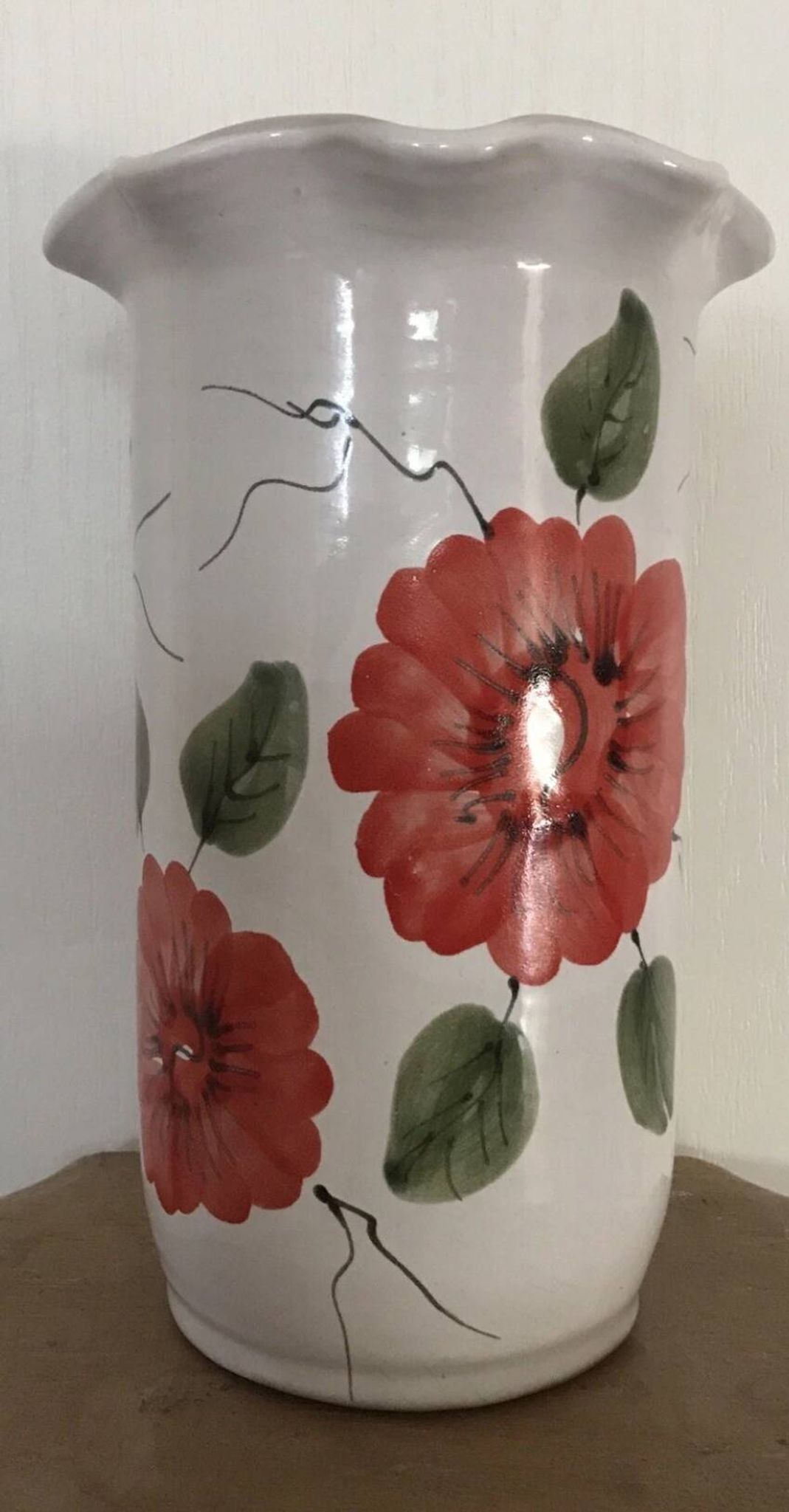 Vase, vintage glazed terracotta pottery, with signed floral decoration