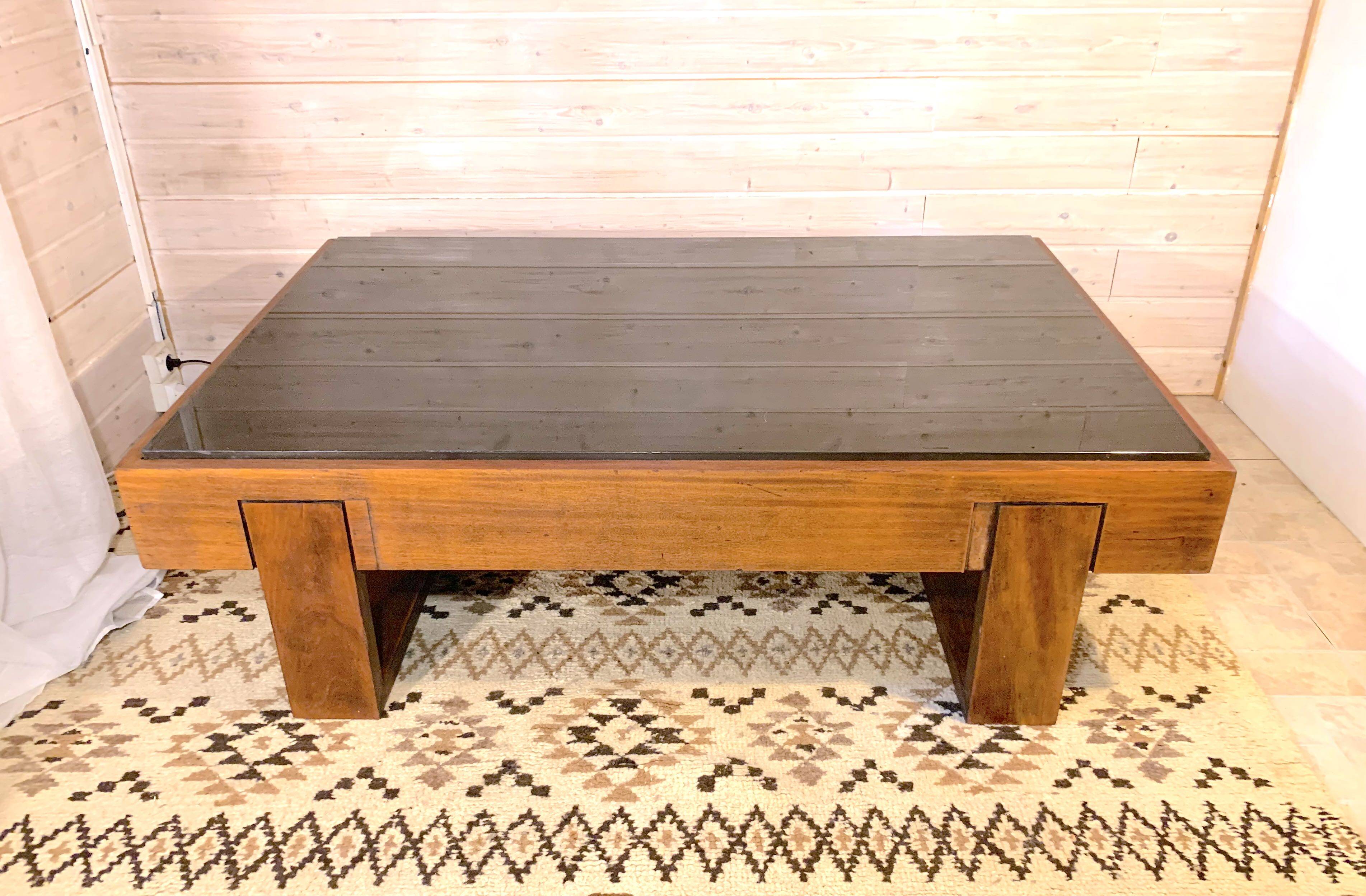Rosewood coffee table, with black glass top, Brazil 1970