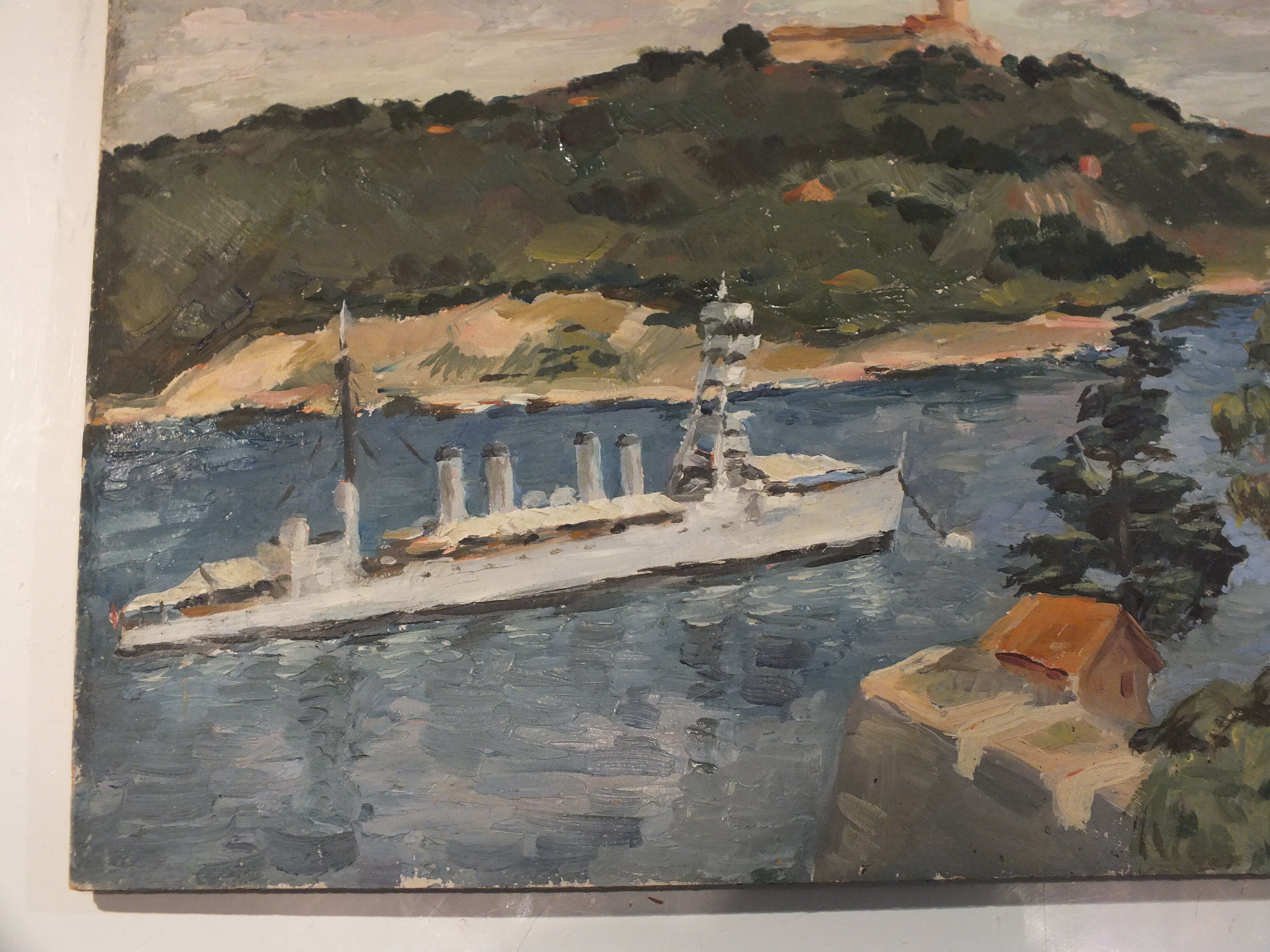 Oil on cardboard painting - Bay of Villefranche sur Mer 1938