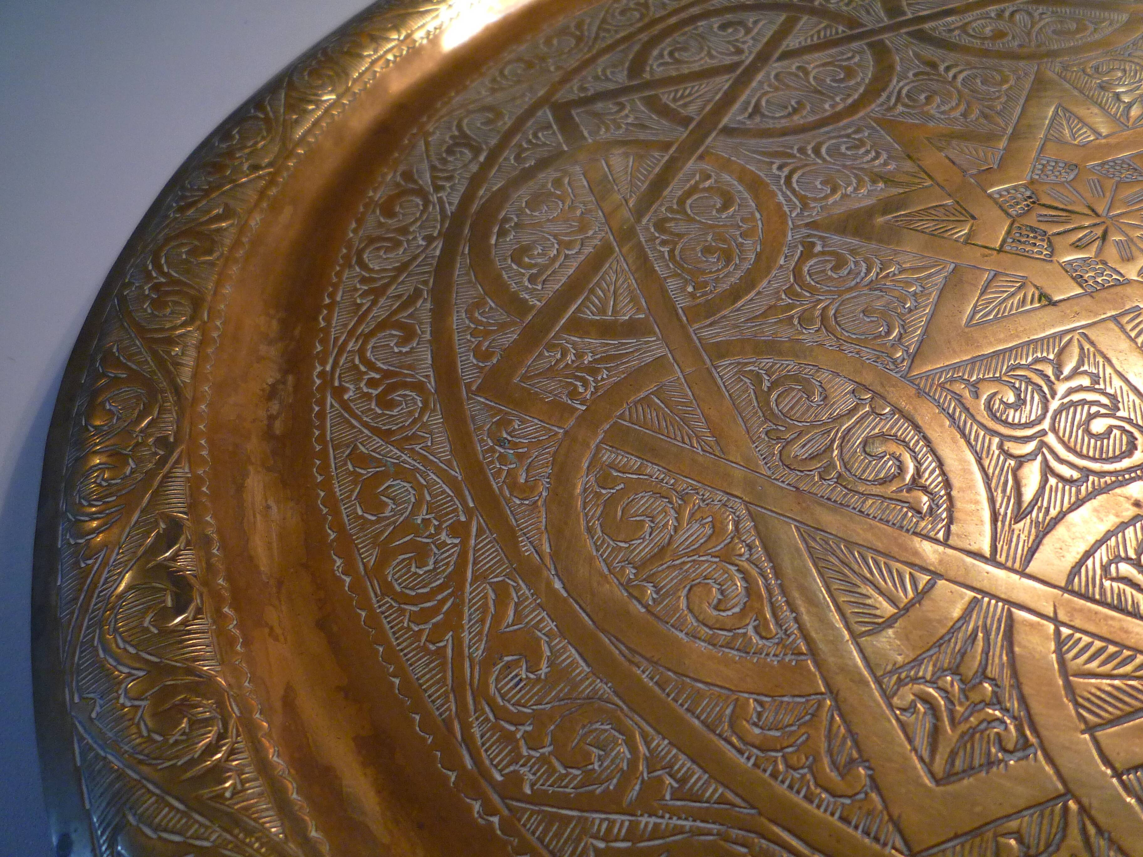 Old copper tray, chiseled, Moroccan