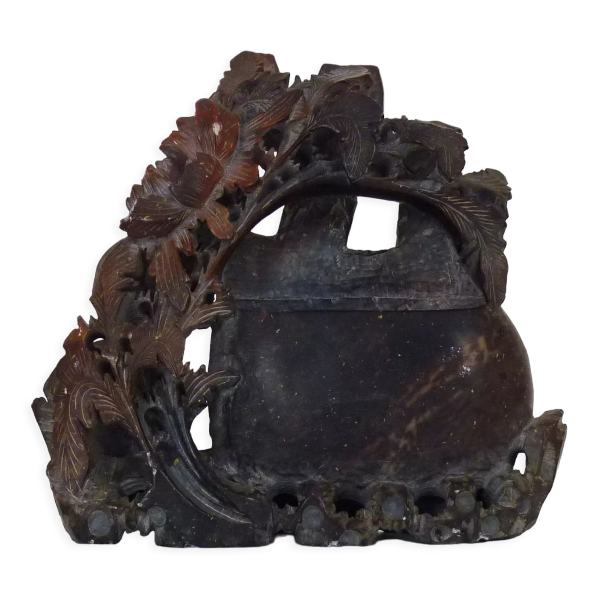 Vintage Chinese carved stone vase with chrysanthemum flowers