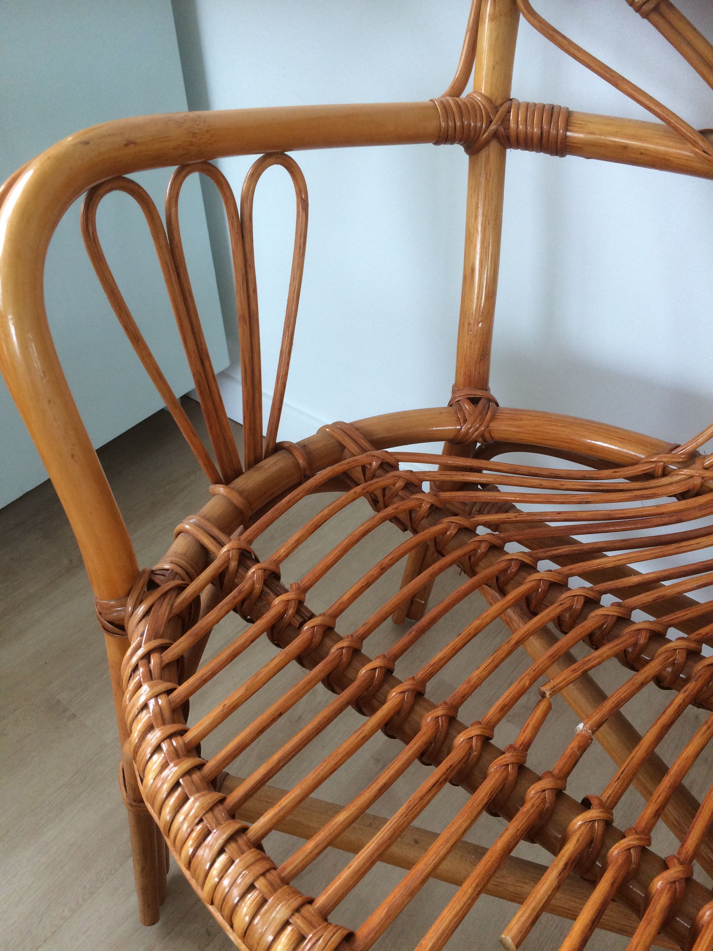Rattan bench with vintage footrest