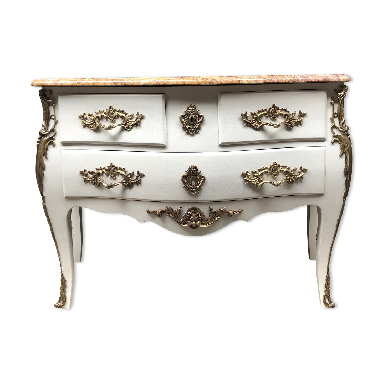 Curved chest of drawers white patina above marble louis XV style