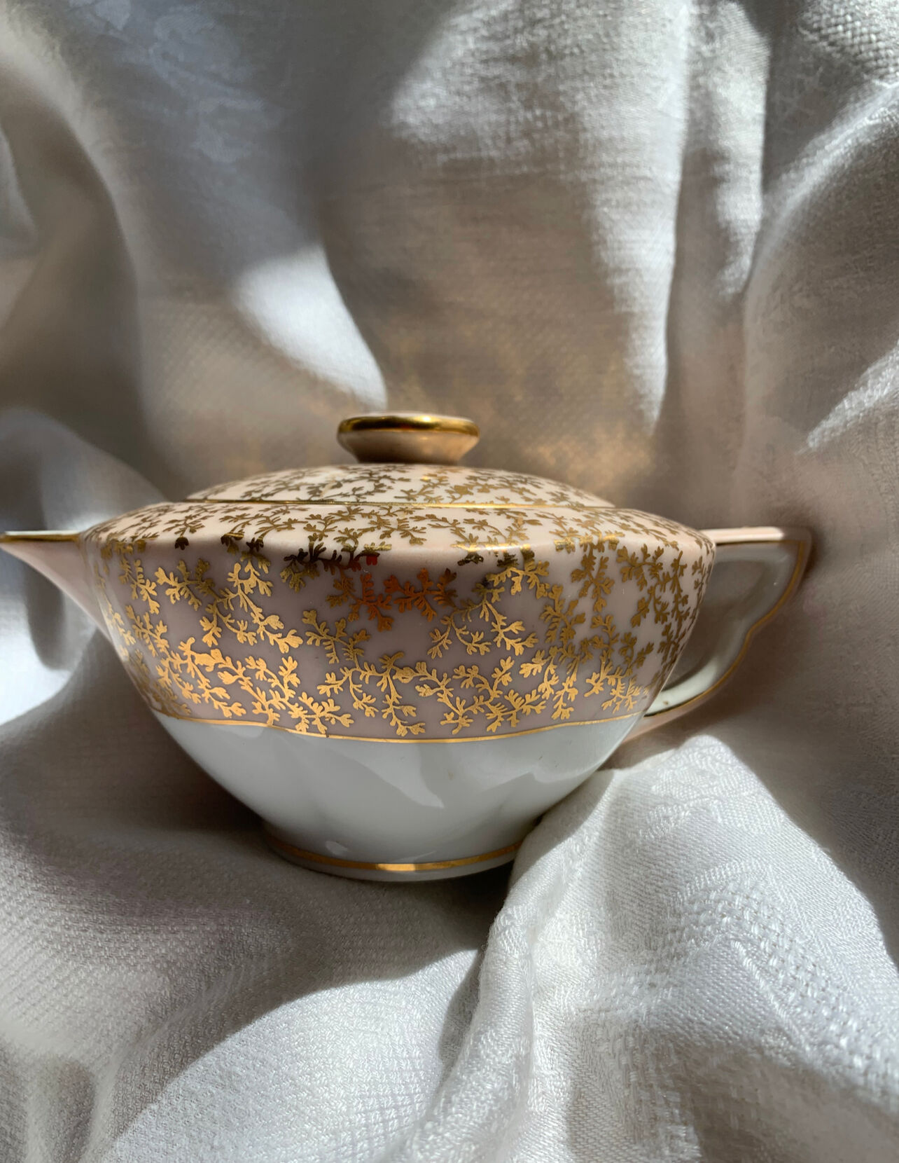 Pink and golden teapot and sugar bowl Limoges Charles Ahrenfeld