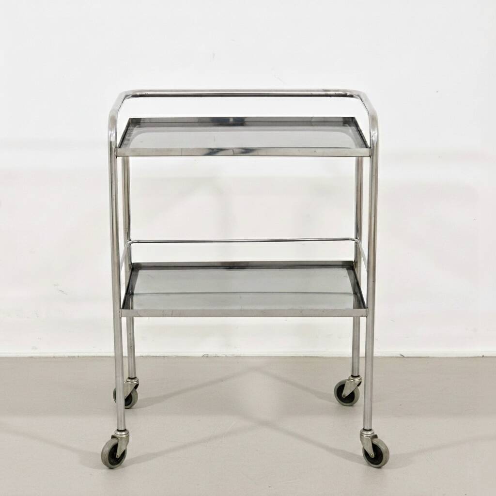 1970s chrome metal and smoked glass wheeled dessert trolley
