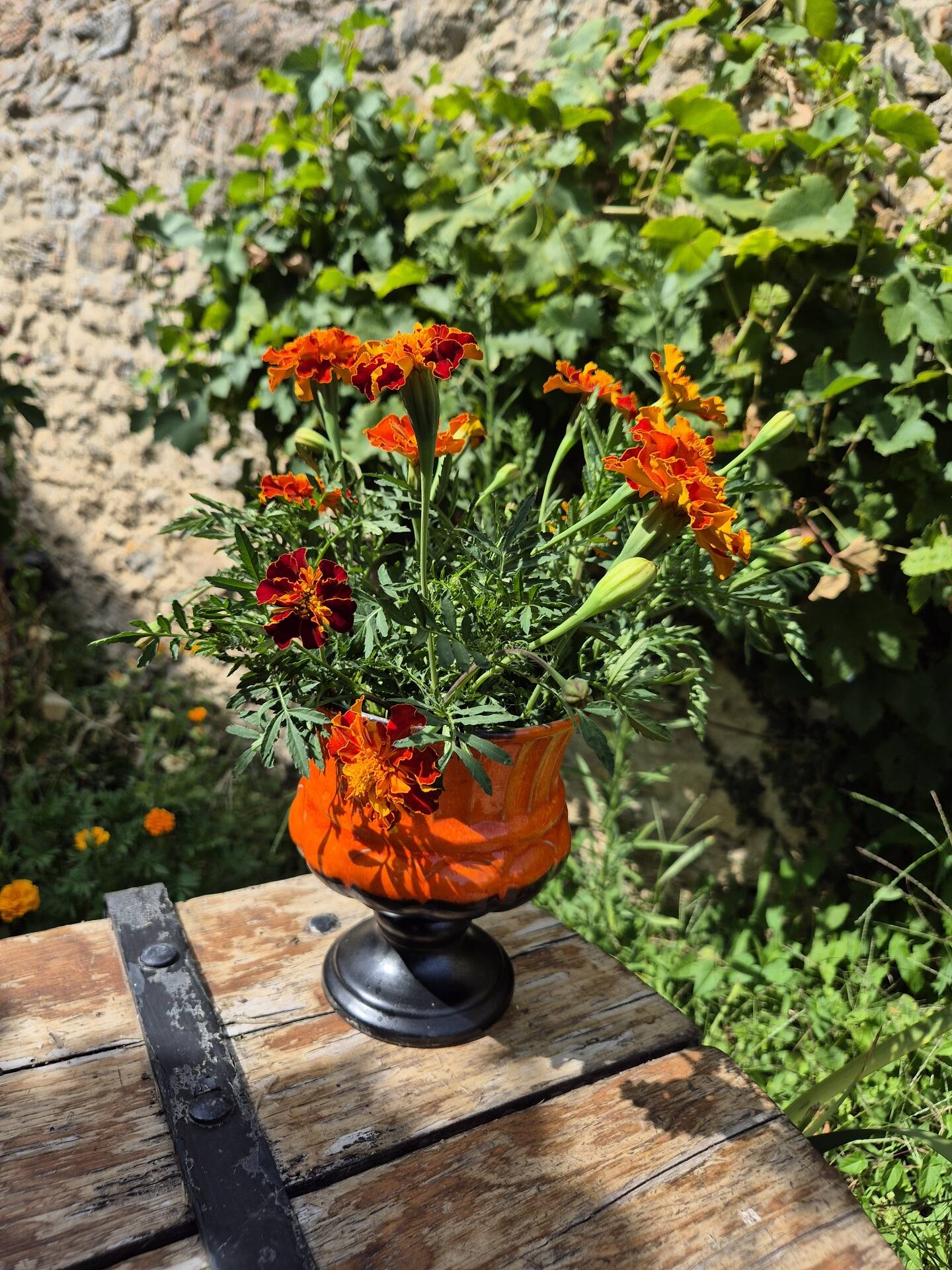 Striking 1970s Chalice Vase - orange & black Fat Lava style
