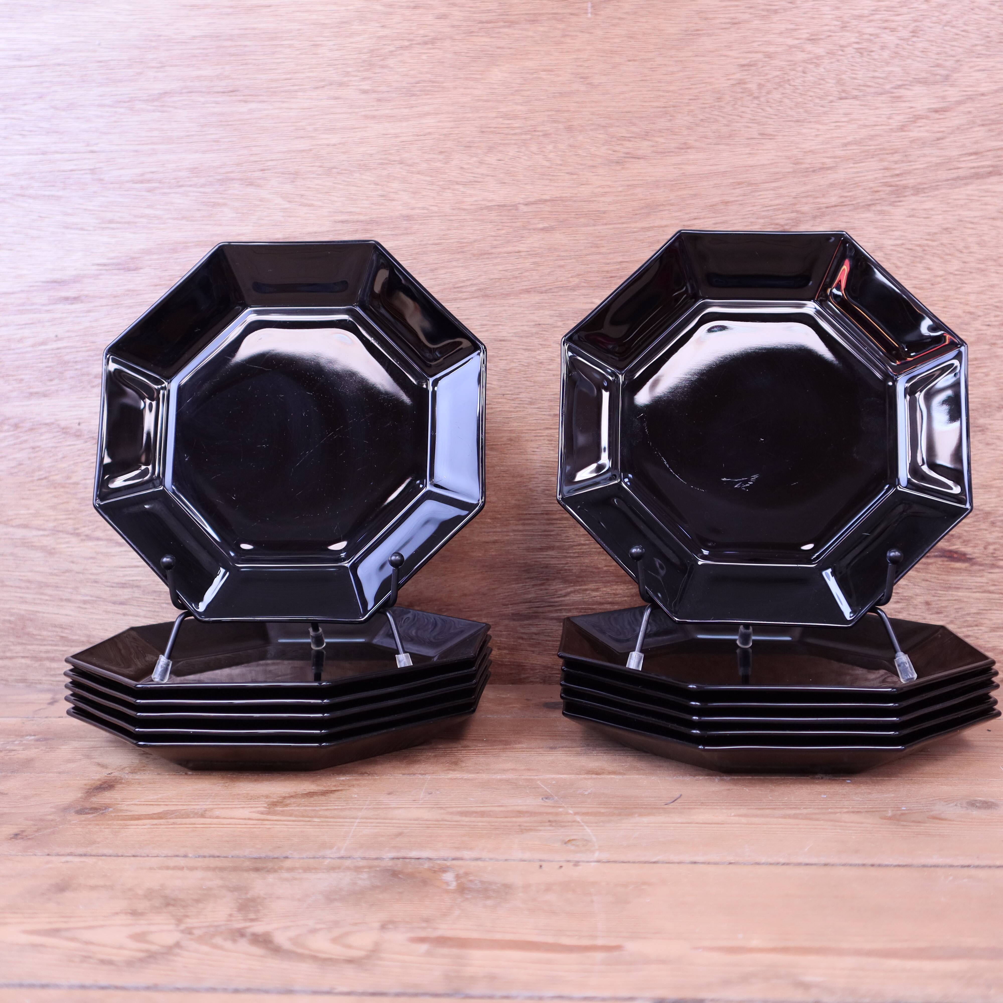 6 black Arcoroc Octime dessert plates, vintage, France