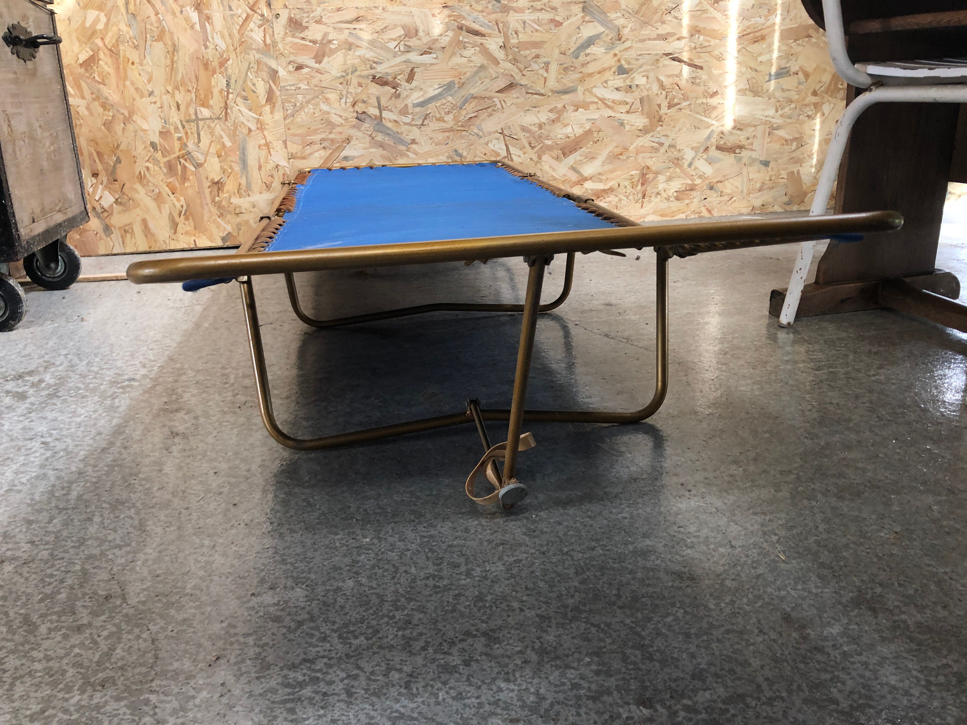Old folding bed chantazur lafuma metal + fabric blue head adjustable vintage