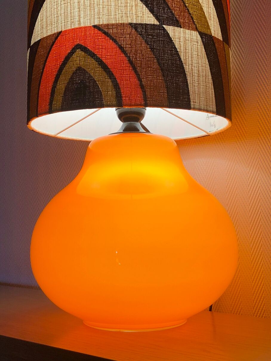 Orange opaline table lamp and vintage fabric