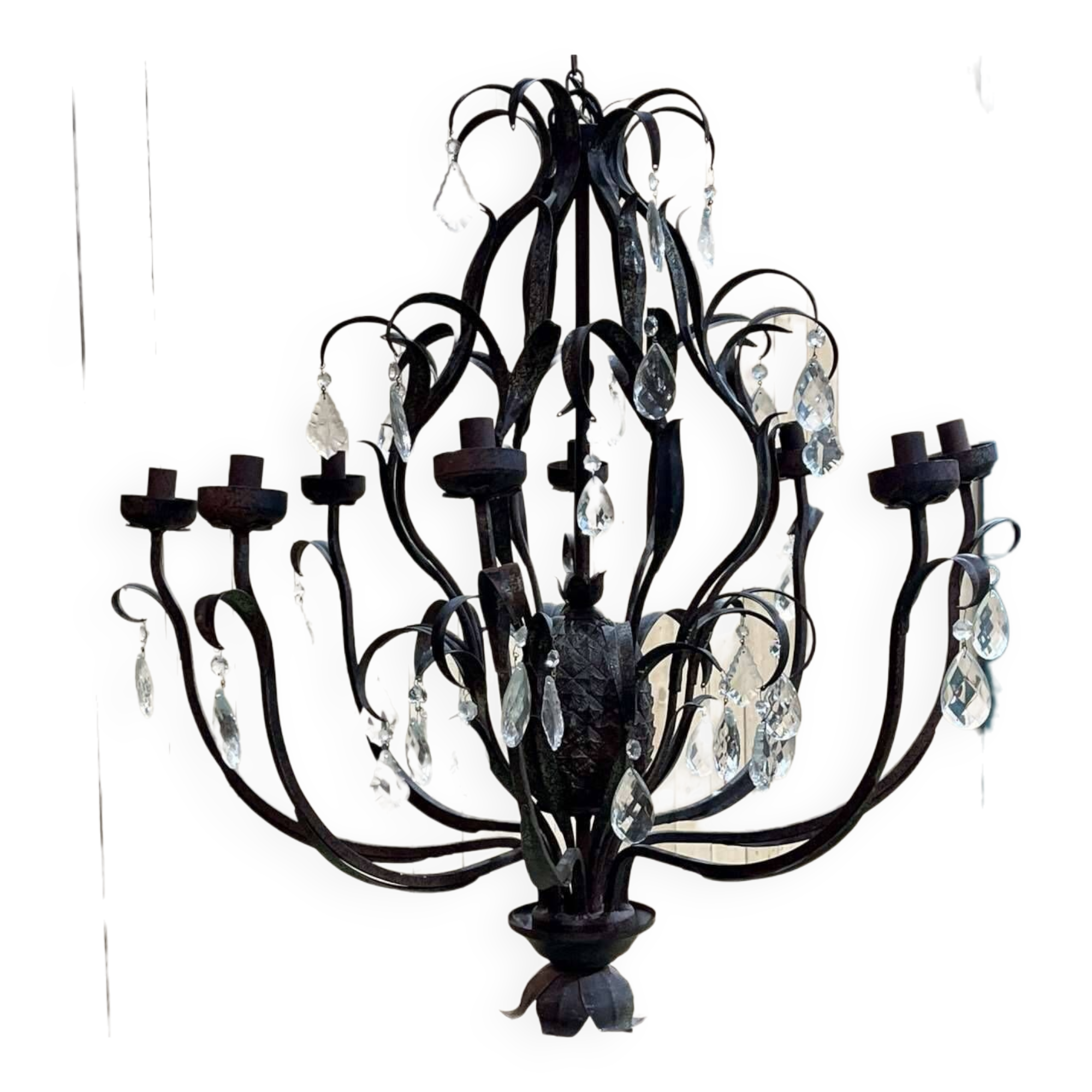 Large pineapple chandelier in blackened metal and tassels