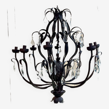 Large pineapple chandelier in blackened metal and tassels