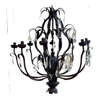 Large pineapple chandelier in blackened metal and tassels