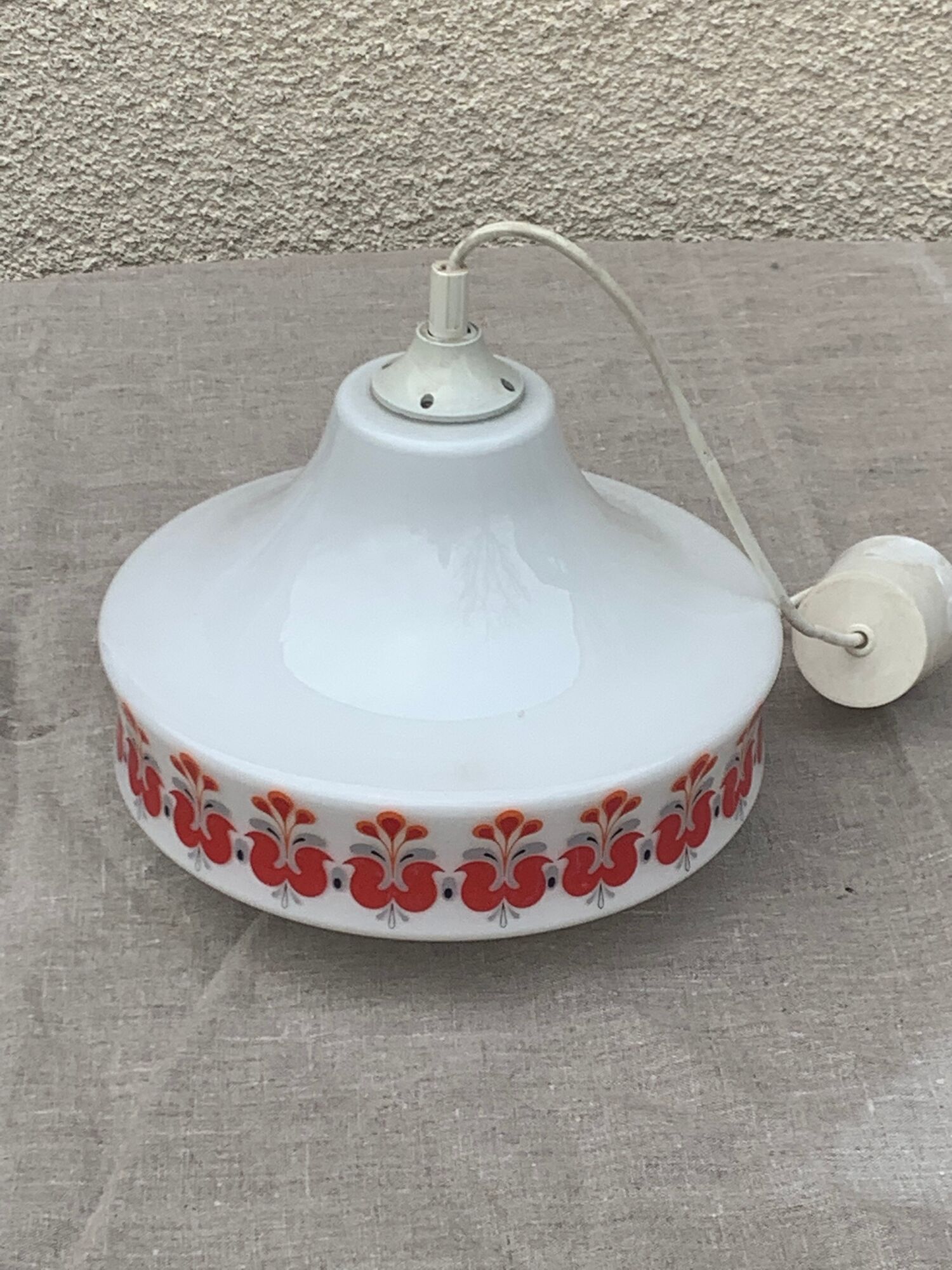 Pendant lamp, white opaline globe with a vintage red design floral pattern 1970