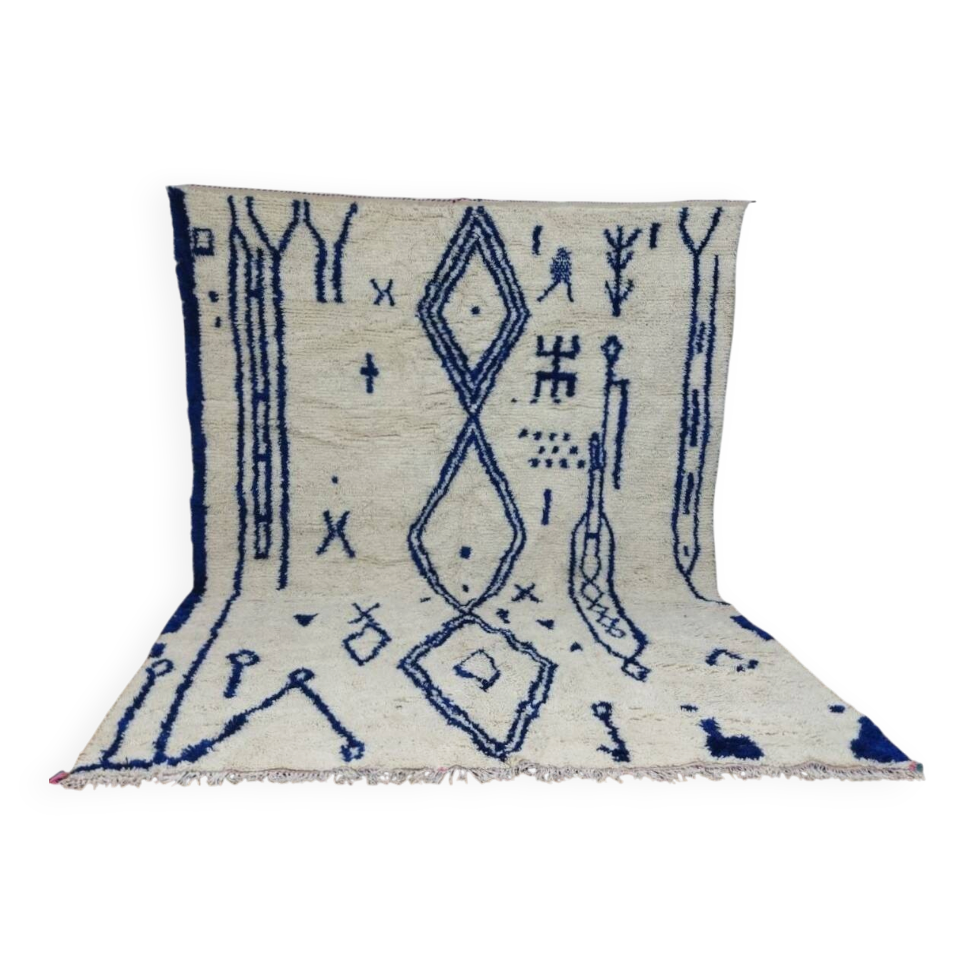 Large Moroccan Berber rug in cream and blue, 344 x 240 cm.