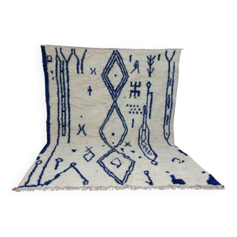 Large Moroccan Berber rug in cream and blue, 344 x 240 cm.