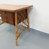 Vintage Louis Sognot desk in rattan and wood from the 1960s