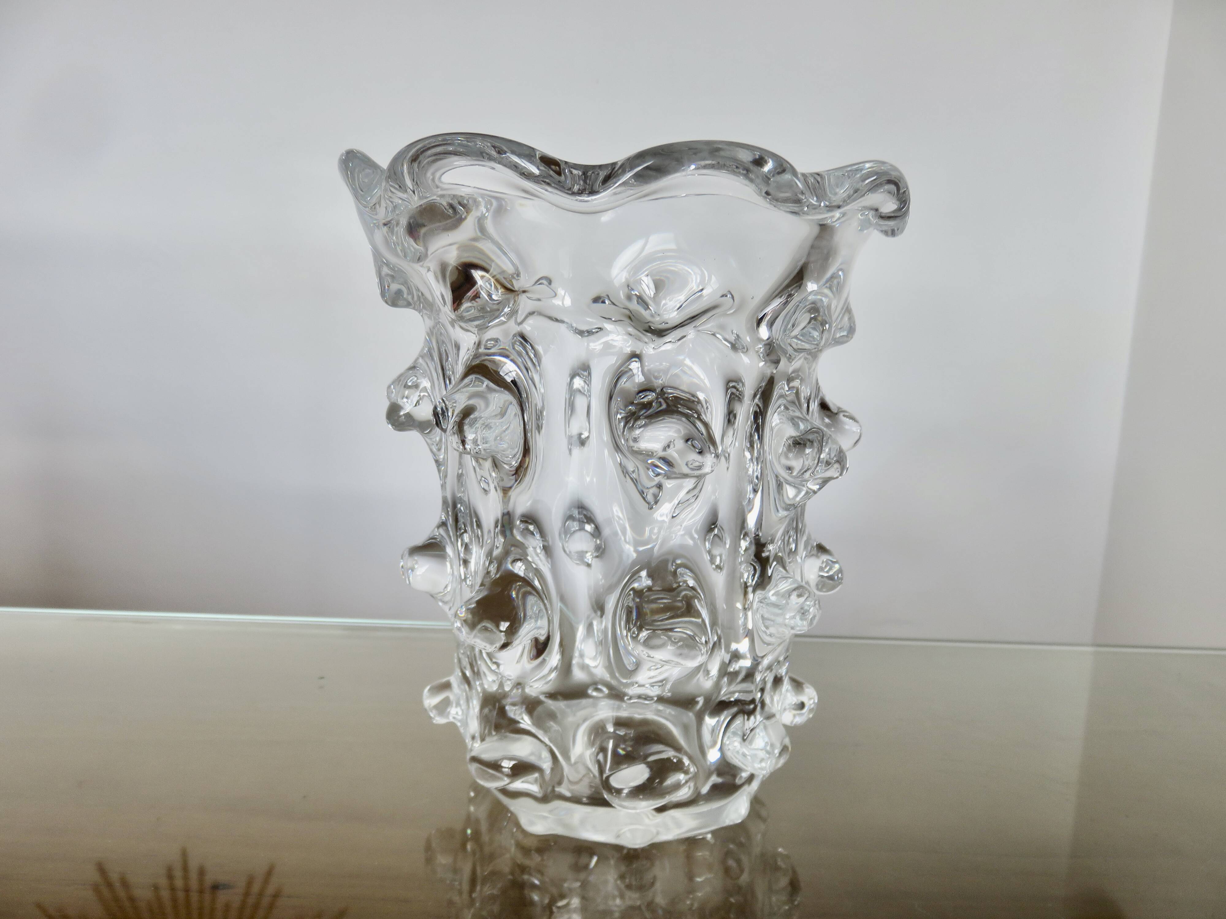 Schneider vase in crystal with prominent stretched texture, 1950s, signed.