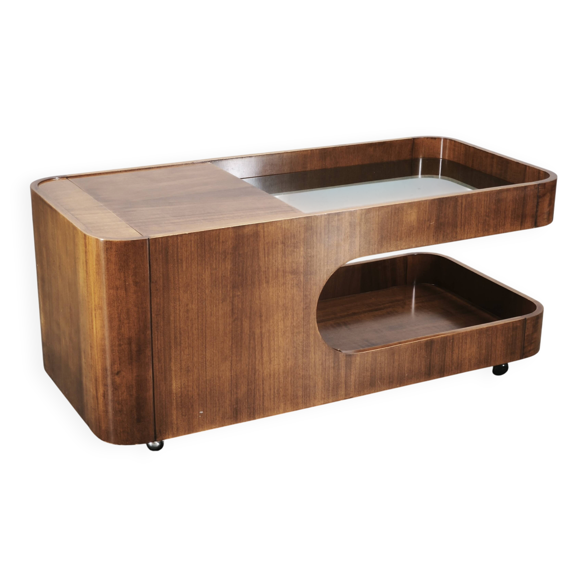 1970s Italian Modernist Wood and Smoked Glass Bar Cart