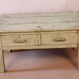Ancienne table de chevet en teck birman patine écrue verte d'origine