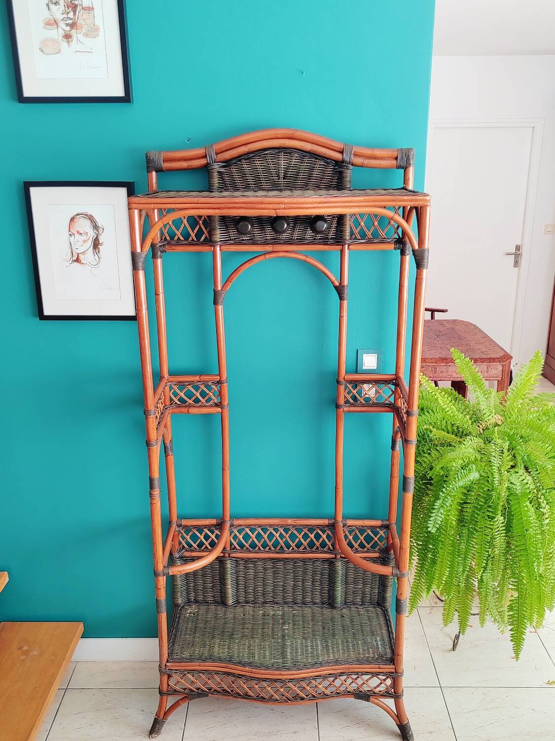 Antique rattan and bamboo coat rack