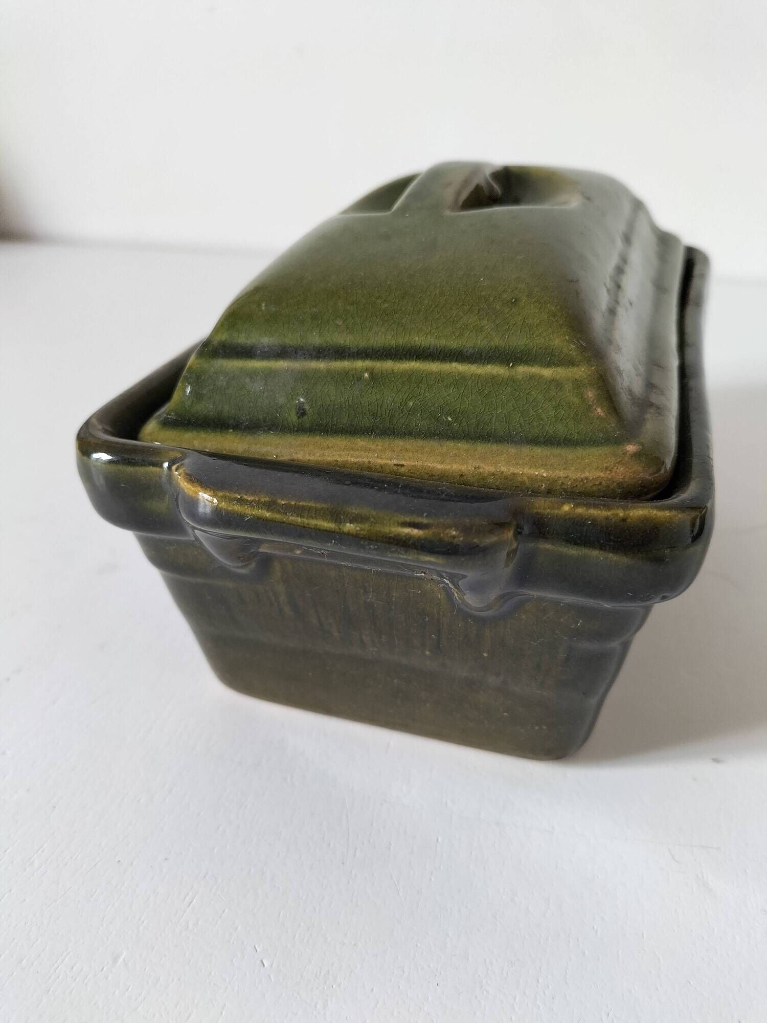 Small terrine in olive green glazed earthenware