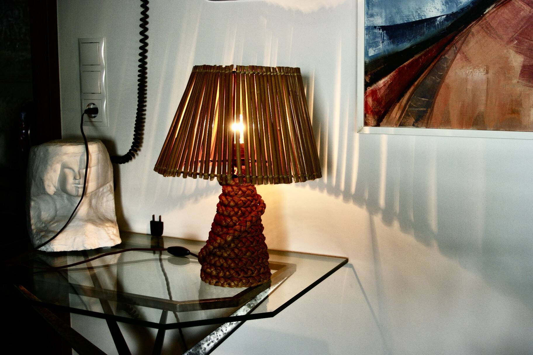 Vintage lamp in braided reed and bamboo