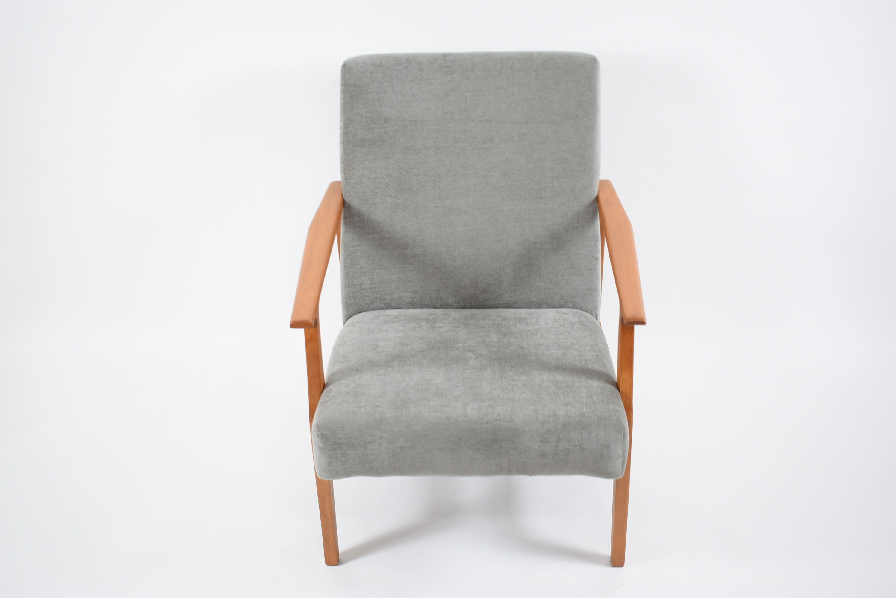 Vintage polish armchair, restored, 1960s, grey fabric, teak