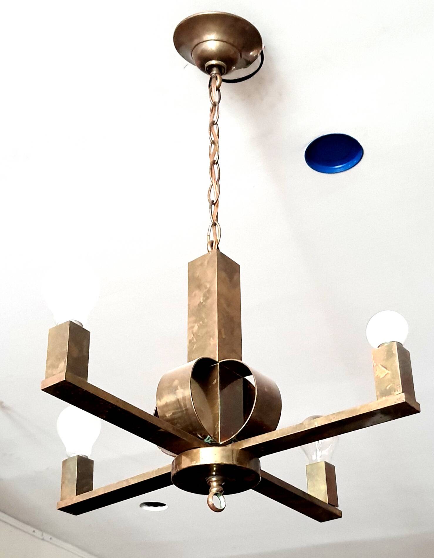 Art Deco period modernist four-light gilt brass pendant light circa 1930