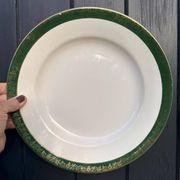 Round earthenware plate Digoin Sarreguemines Berry green with golden frieze.