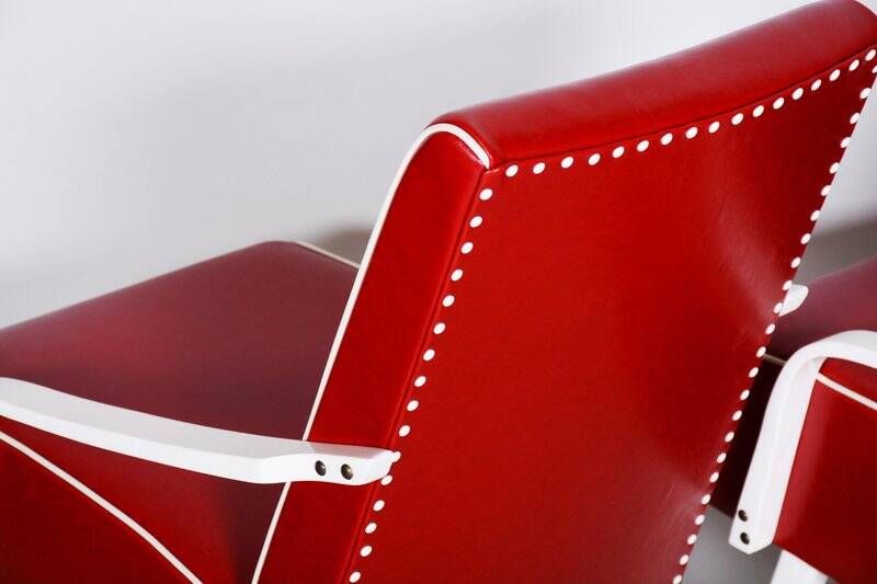 Mid-Century Red Leather and Beech Armchairs, Czechia, 1950s, Set of 2
