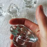 Set of four small transparent glass candle holders 3 spikes 1 heart