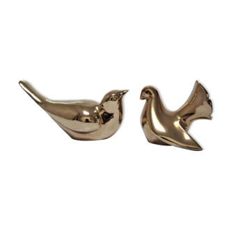 Two sculptural birds solid brass vintage dove and blackbird