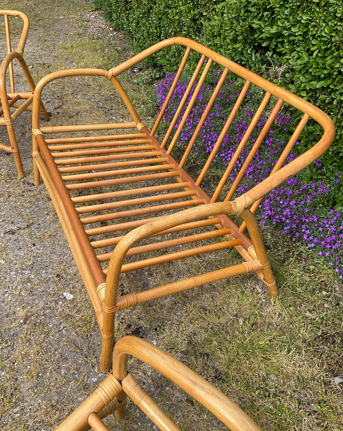Vintage living room sofa and 2 rattan armchairs.